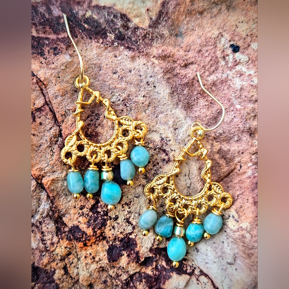 Amazon's Stone Of Hope  Amazonite In Mystical Filligree Gold Plated Earrings